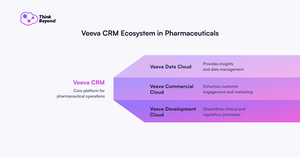 Infographic diagram illustrating Veeva CRM Ecosystem in Pharmaceuticals.