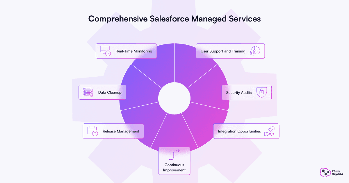 A graphic showcasing comprehensive Salesforce managed services, highlighting key areas like data cleanup, monitoring, and user support.