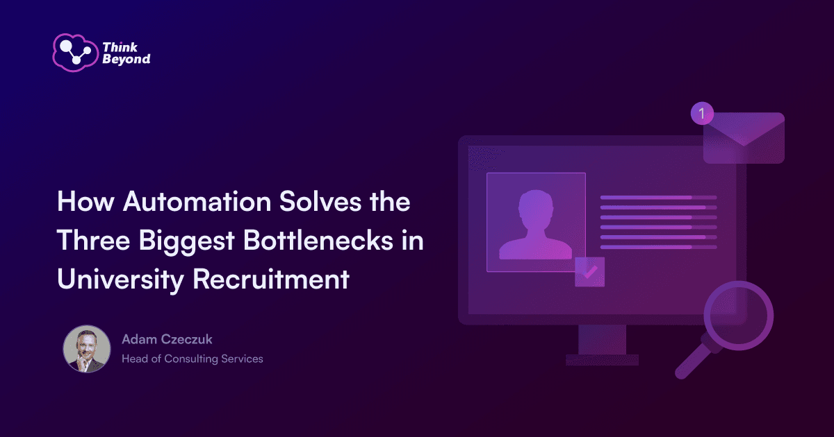 Infographic illustrating automation's role in overcoming university recruitment challenges: time, resources, and communication gaps.