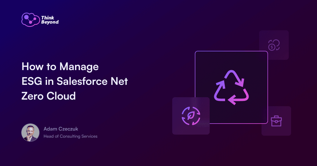 Graphic featuring the title 'How to Manage ESG in Salesforce Net Zero Cloud' with icons related to recycling and business.