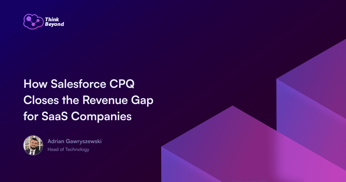 Graphic featuring the title 'How Salesforce CPQ Closes the Revenue Gap for SaaS Companies' with a purple gradient background.