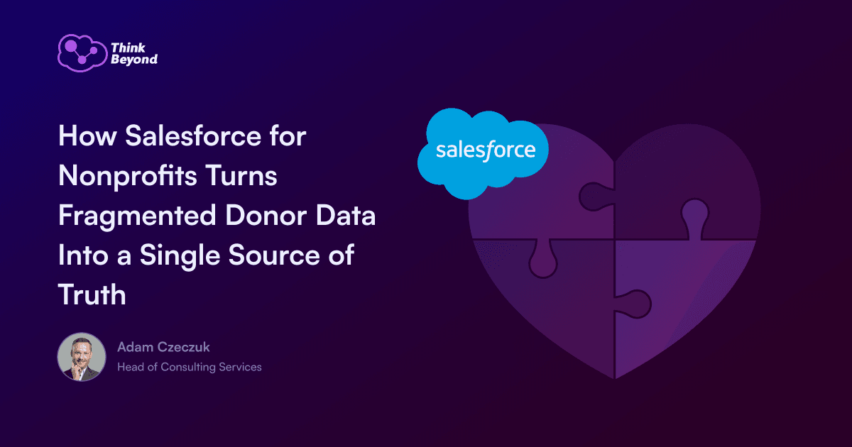 Infographic illustrating how Salesforce for Nonprofits consolidates fragmented donor data into a unified database.