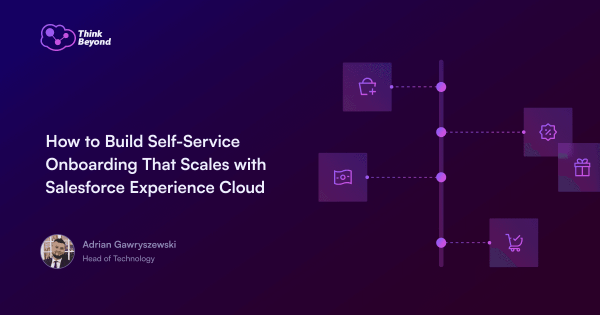 Infographic titled 'How to Build Self-Service Onboarding' featuring icons and a flowchart related to Salesforce Experience Cloud.