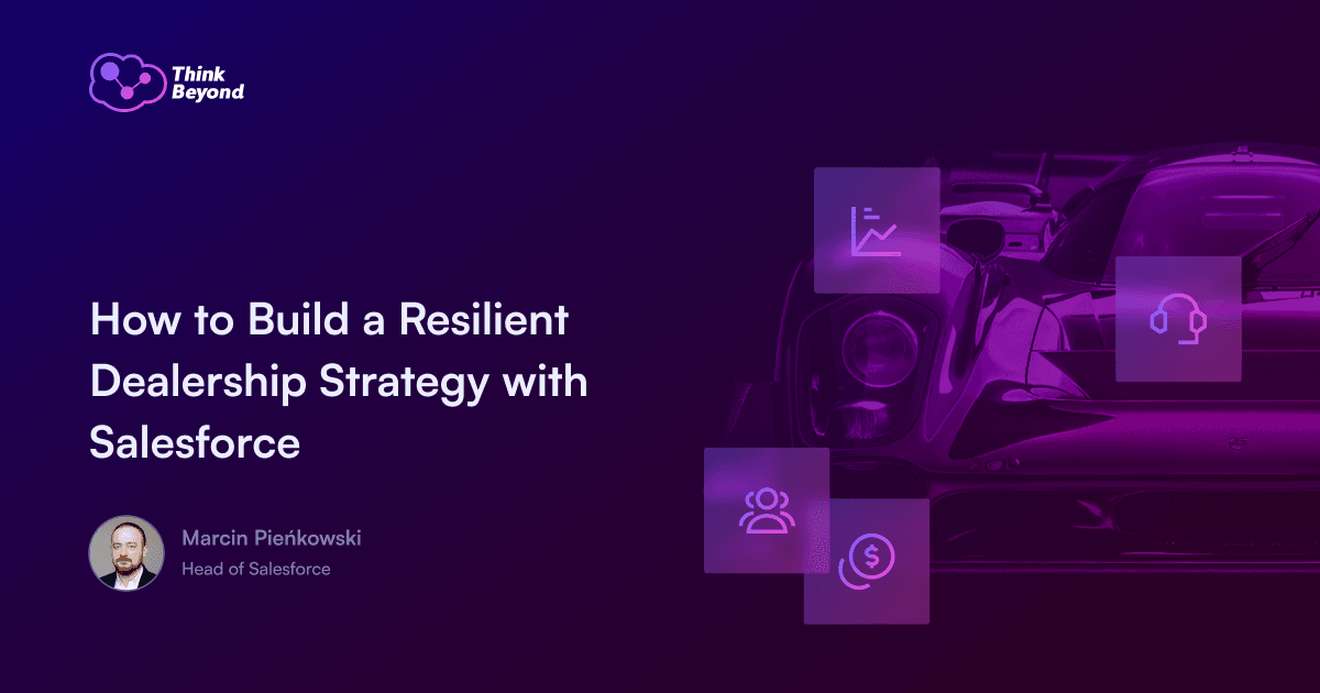 Graphic promoting a dealership strategy with Salesforce, featuring a sleek car and icons for analytics, support, and customer engagement.