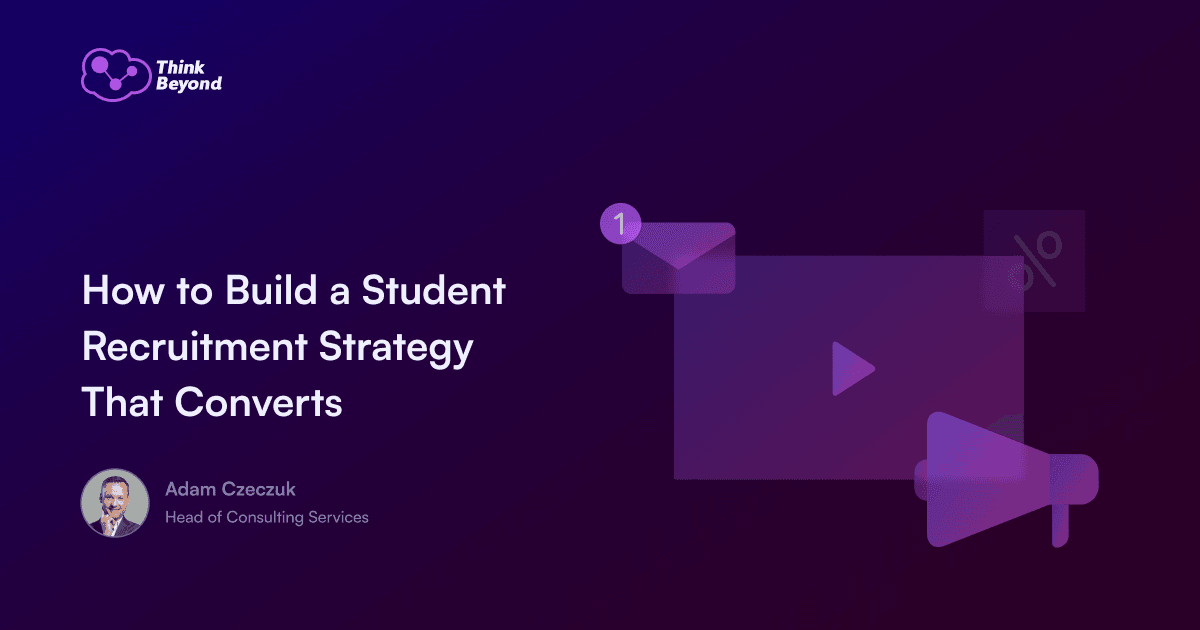 Graphic promoting a blog post on building a student recruitment strategy, featuring text and icons on a purple background.