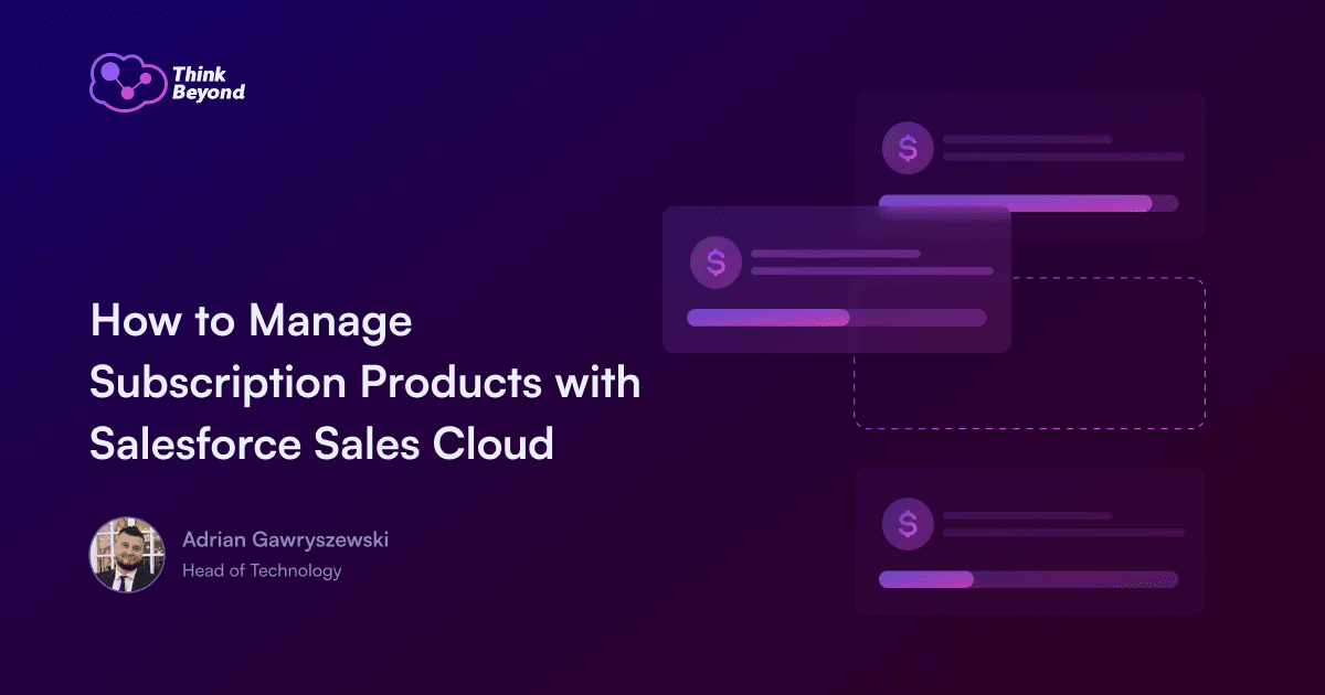 Graphic showing subscription product management with Salesforce Sales Cloud, featuring dollar signs and progress bars.