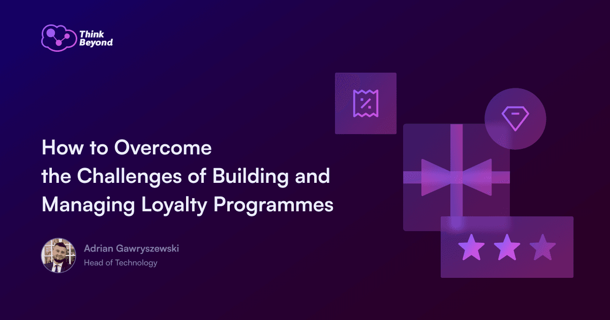 Graphic featuring the title 'How to Overcome the Challenges of Building and Managing Loyalty Programmes' with icons and a purple background.