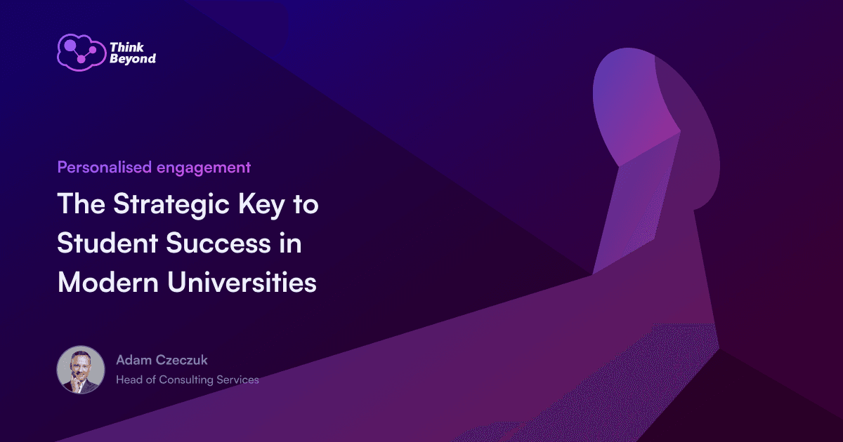 Graphic featuring a purple gradient background with text about student success in modern universities and a headshot of Adam Czeczuk.