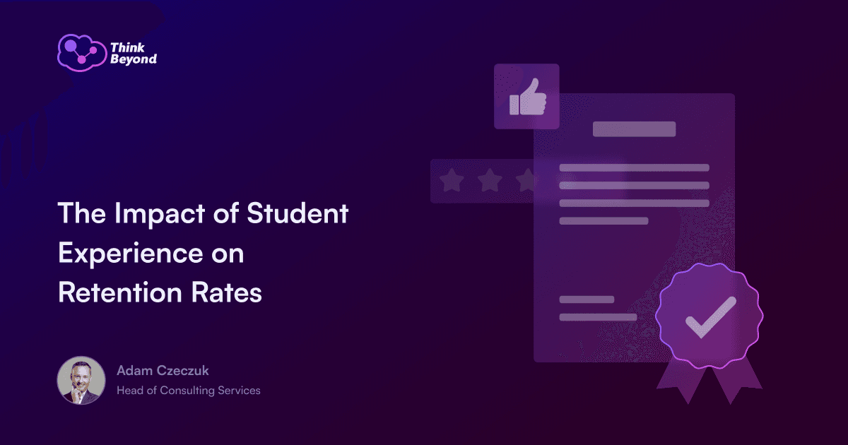 Graphic illustrating the impact of student experience on retention rates, featuring a document, thumbs up, and a badge.