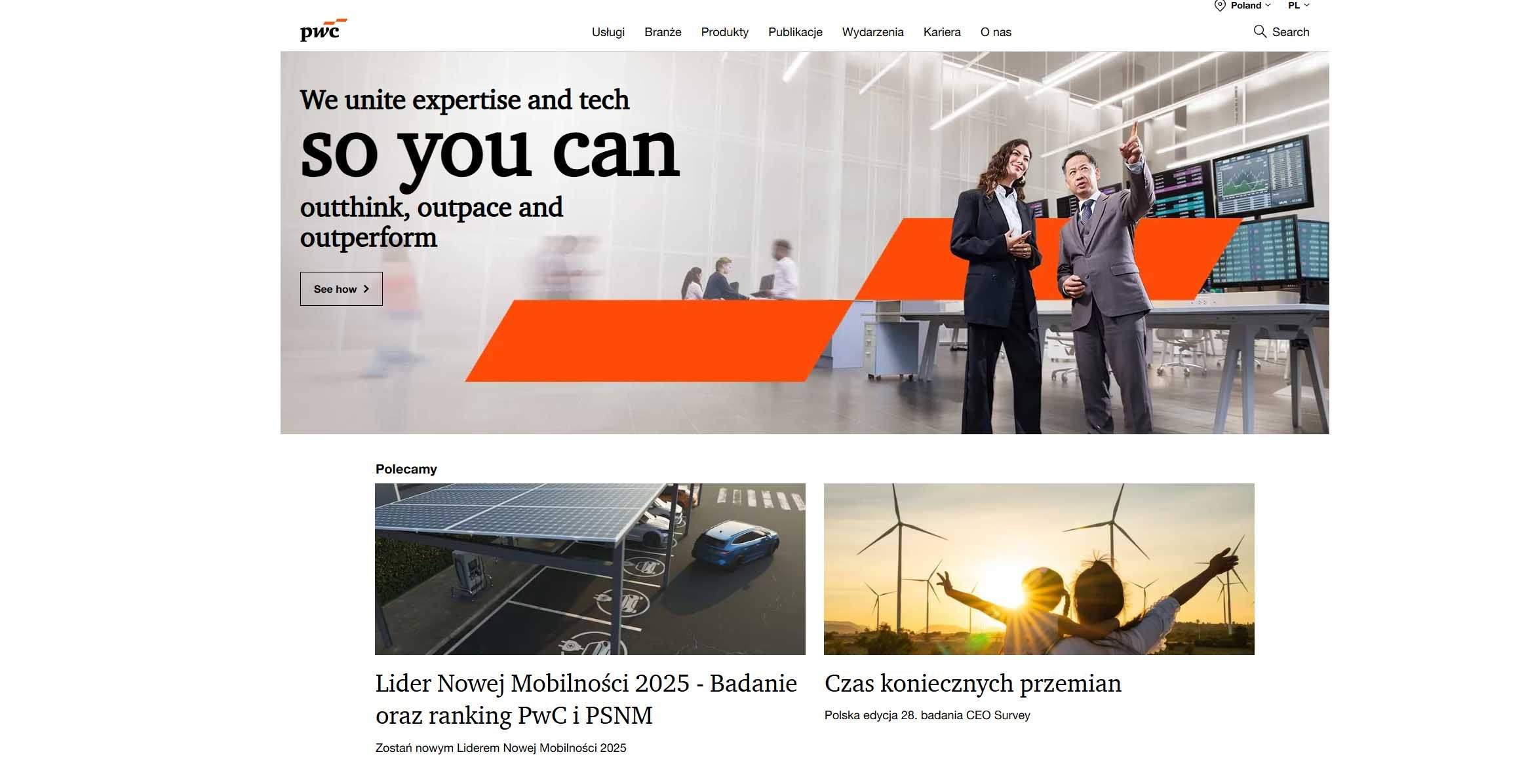 A webpage from PwC featuring a tagline about expertise and technology, accompanied by images of professionals in an office setting and articles about mobility and renewable energy.