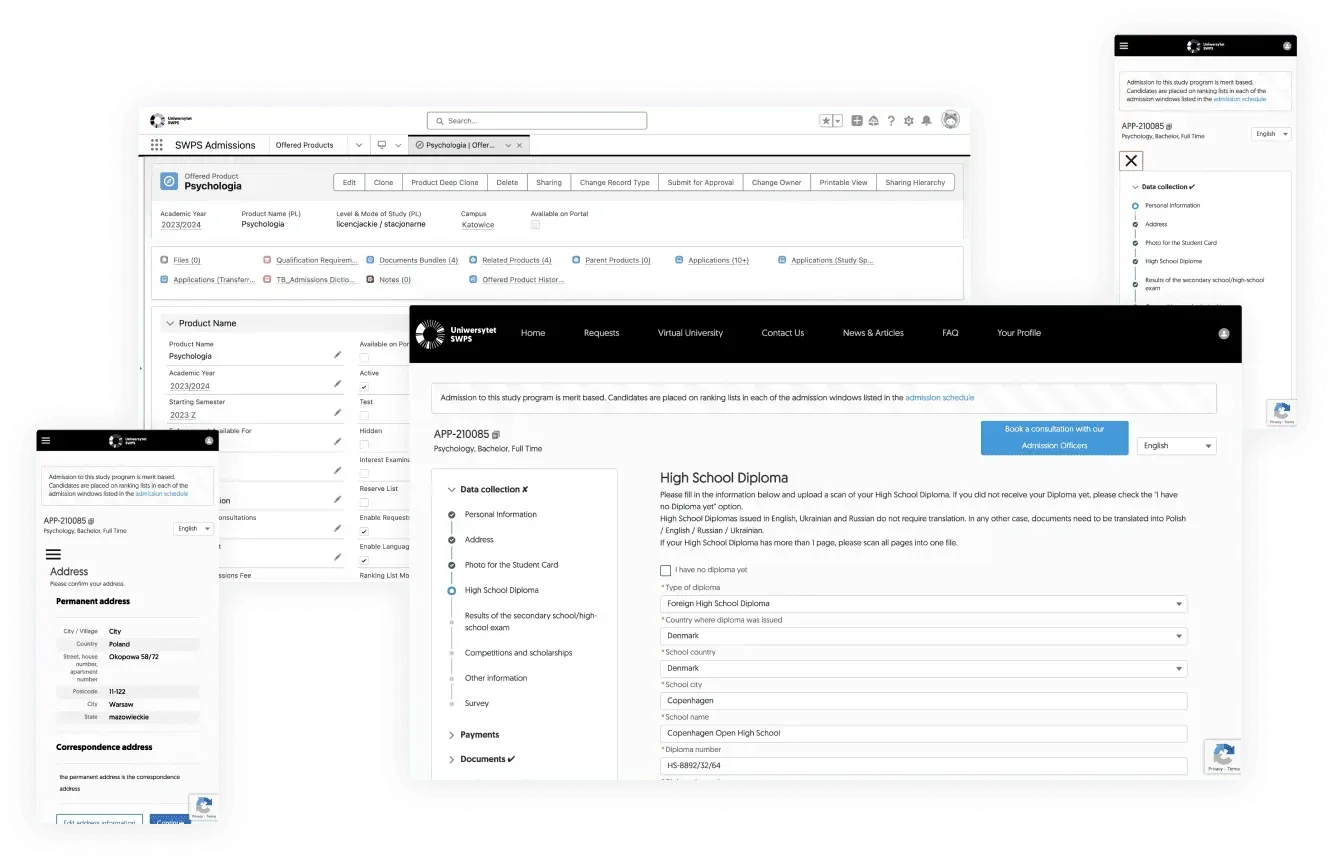 Ekran rozwiązania Salesforce dostarczonego dla Uniwersytet SWPS